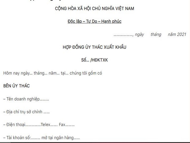 Mẫu hợp đồng ủy thác xuất khẩu