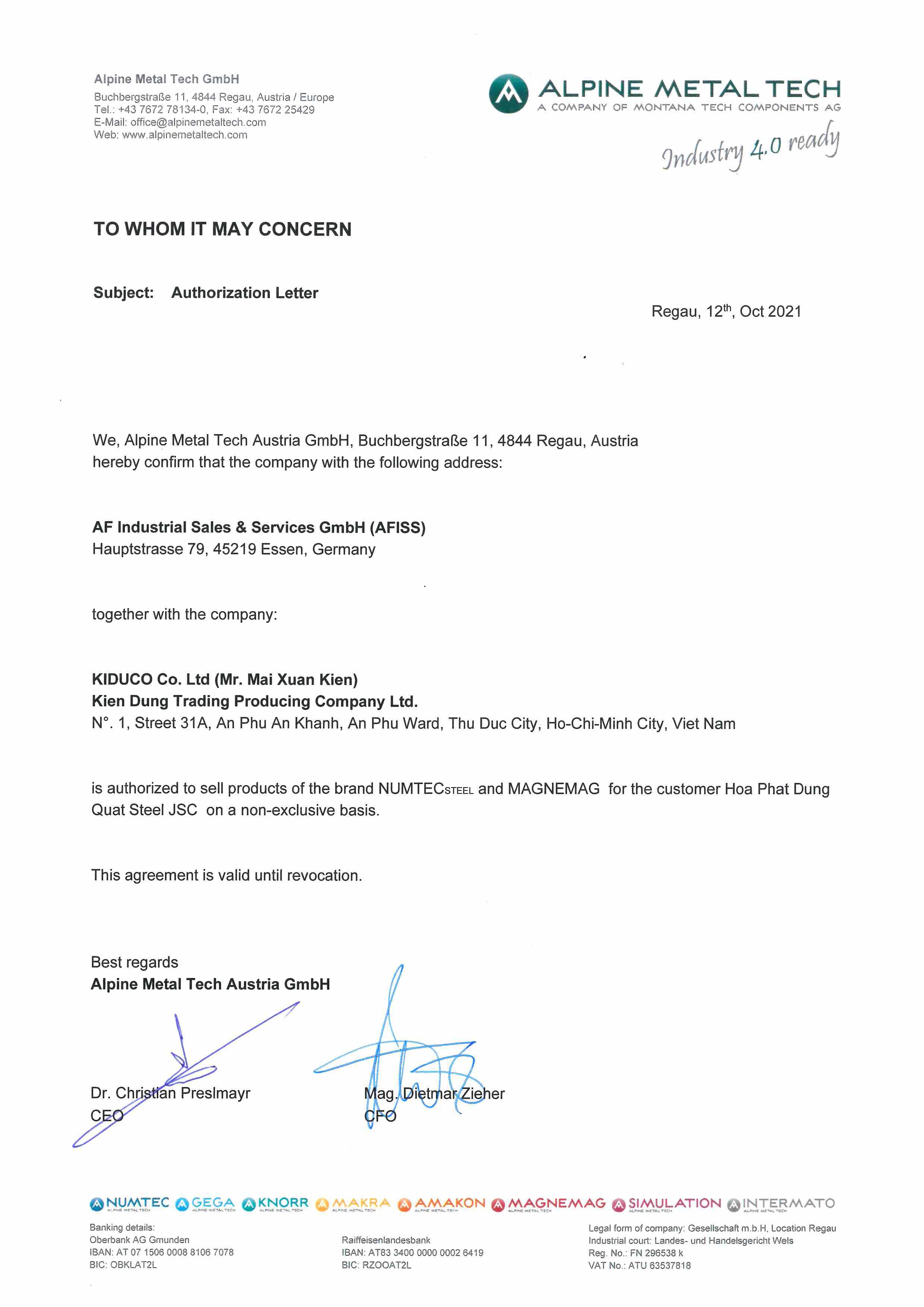 Kiên Dũng (Kiduco) đại diện thương hiệu Alpine Metal Tech GmbH Austria tại Việt Nam