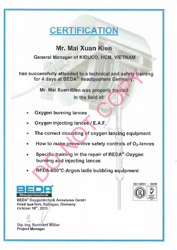 Kiên Dũng (Kiduco) đại diện thương hiệu BEDA Oxygentechnik tại Việt Nam