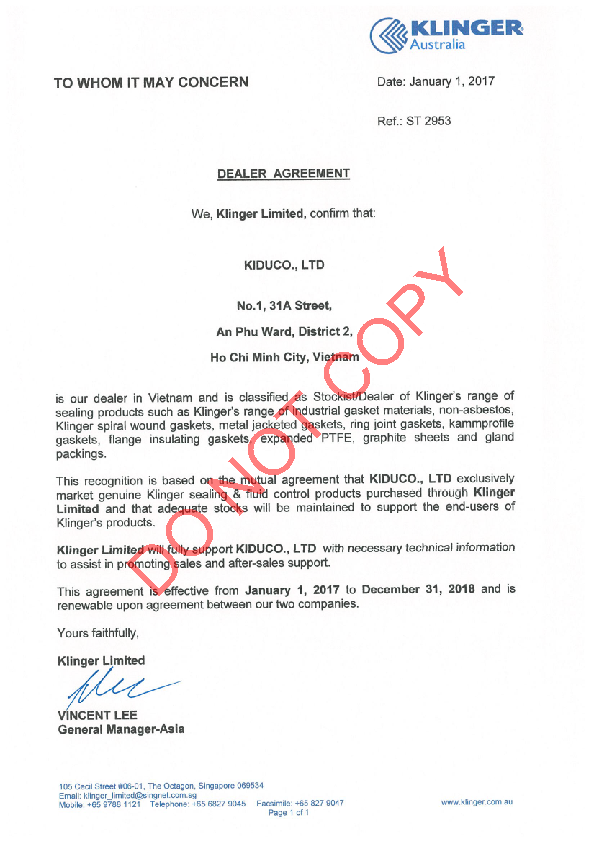 Kiên Dũng (Kiduco) đại diện thương hiệu KLINGER tại Việt Nam