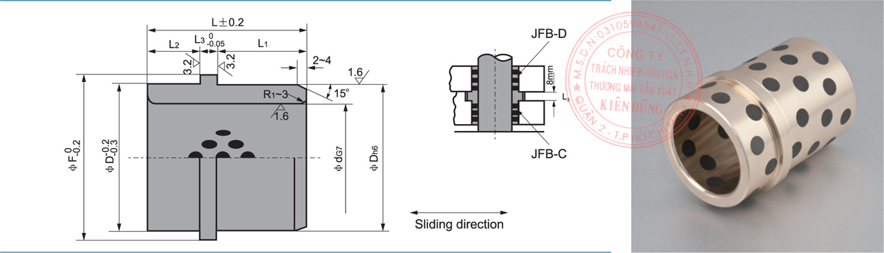 Bảng kích thước tiêu chuẩn CNP-JOSG Solid-Self-Lubricating Guide Ejector Bushings