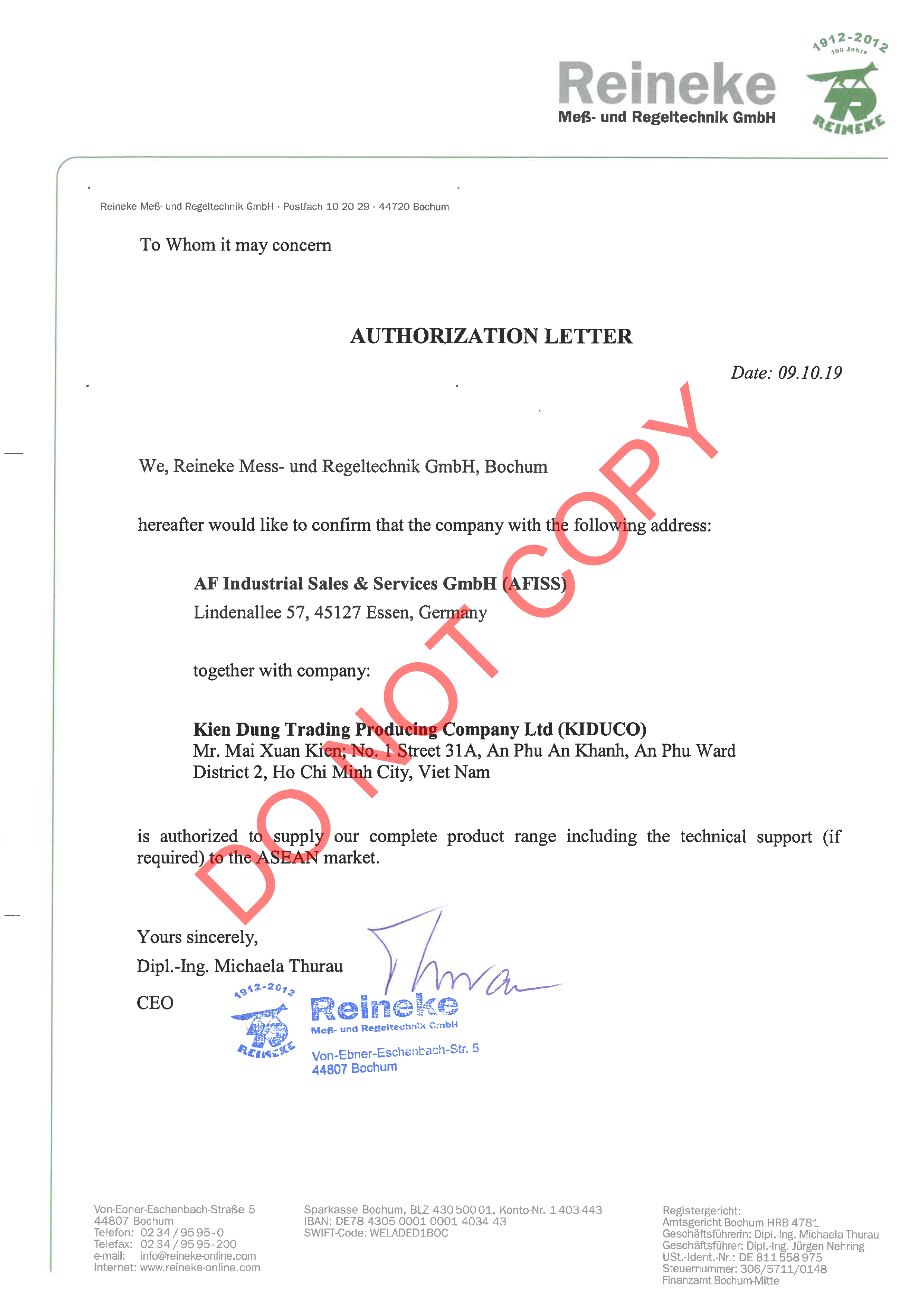 Kiên Dũng (Kiduco) đại diện thương hiệu Reineke Germany tại Việt Nam