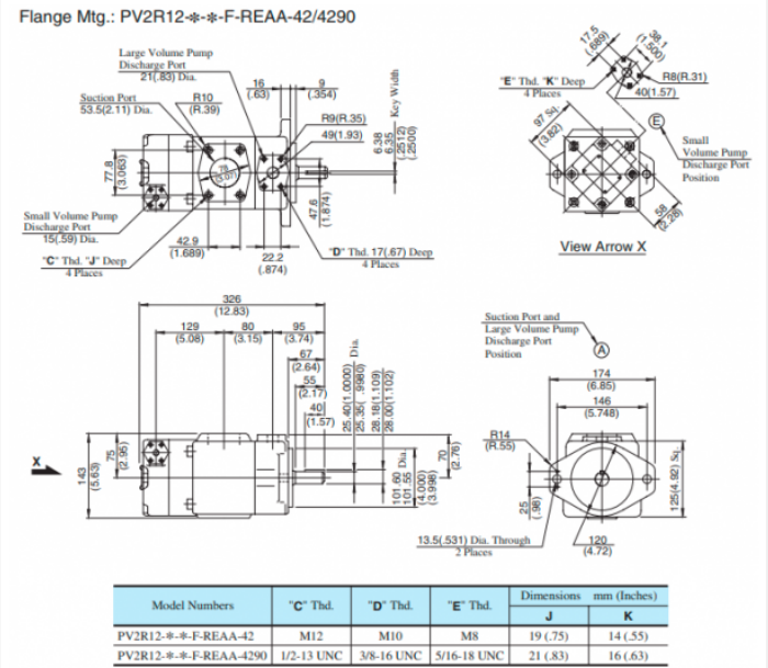 Kích thước lắp đặt bơm cánh gạt gạt 2 tầng PV2R12-10/33-FRAAA-42 Yuken