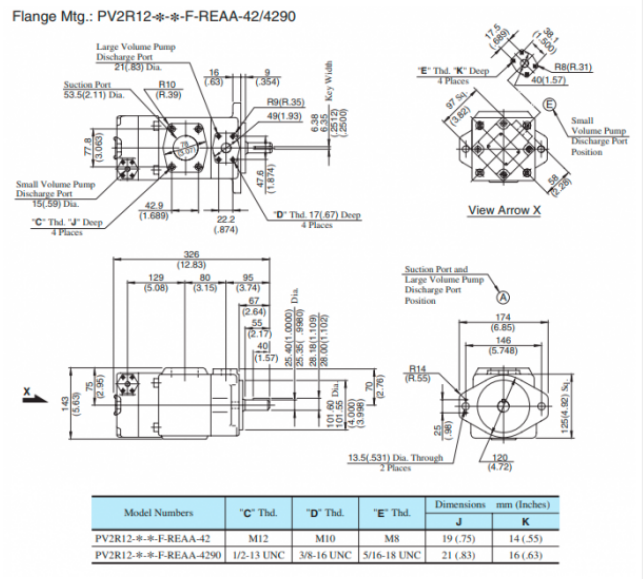 Kích thước lắp đặt sản phẩm bơm cánh gạt PV2R12-14/47-FRAAA-42 Yuken