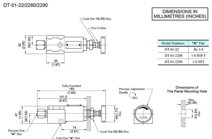 Kích thước lắp đặt van chỉnh áp suất Yuci Yuken DG-01-22
