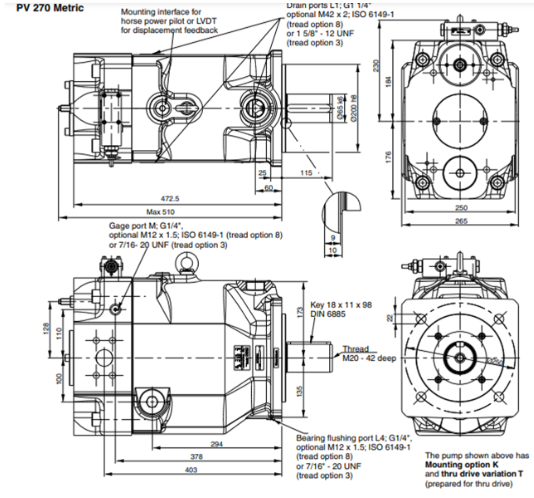 Kích thước lắp đặt bơm piston PV270L1K1T1V3LC Parker