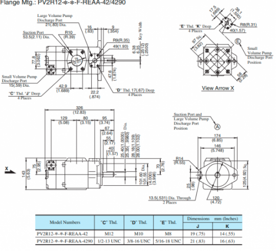 Kích thước lắp đặt bơm cánh gạt Yuken PV2R12-25/47-FRAAA-42