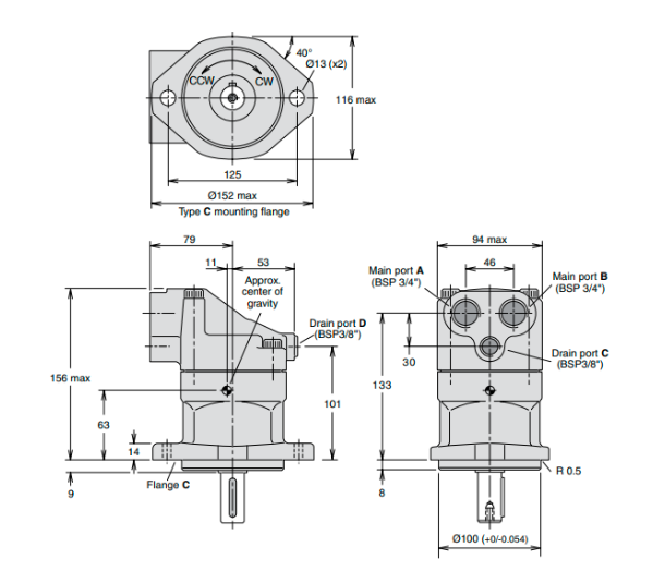 Kích thước lắp đặt sản phẩm bơm piston Parker F11-010-RB-CV-K-000-000-0