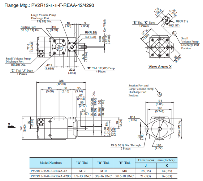 Kích thước lắp đặt bơm cánh gạt 2 tầng PV2R12-10/33-FRAAA-42 Yuken