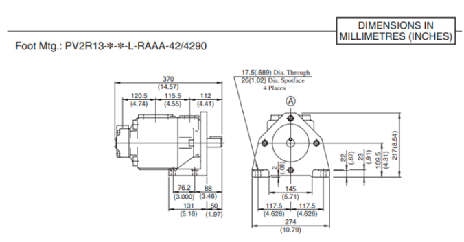 Bản vẽ kích thước lắp đặt bơm cánh gạt 2 tầng Yuken PV2R13-31/94-FRAAA-42