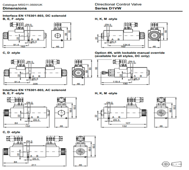 Kích thước lắp đặt của van điều khiển điện AH-D1VW001CNTWXG562 Parker