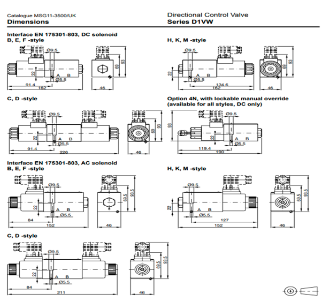Kích thước lắp đặt van điều khiển điện Parker AH-D1VW004CNJWXG562