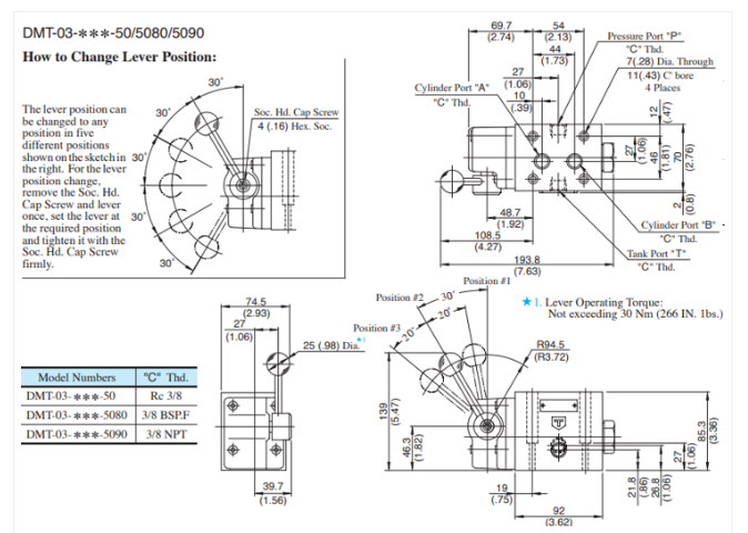 Kích thước lắp đặt van gạt tay thủy lực Yuci Yuken DMT-03-3C2/4