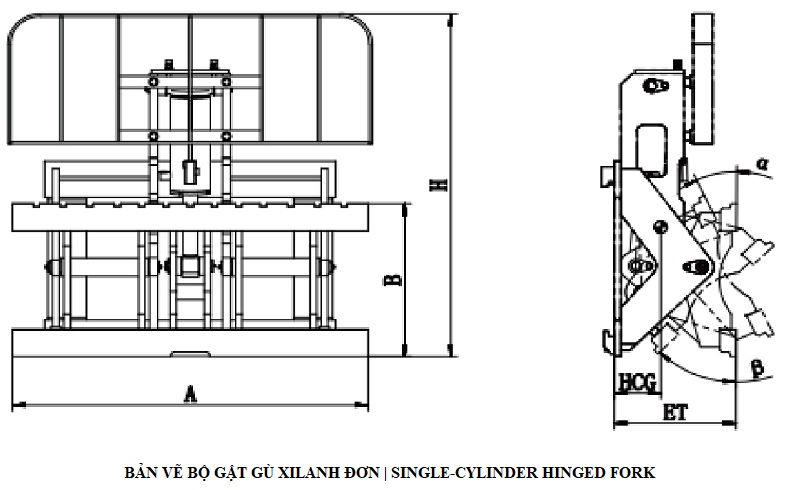 Bản vẽ bộ gật gù xilanh đơn Single-cylinder hinged fork lắp trên xe nâng hàng