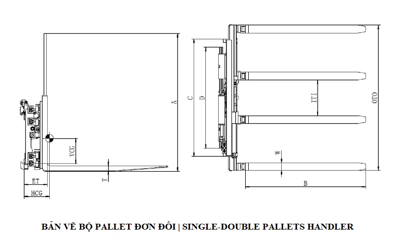 Bản vẽ bộ pallet đơn - đôi Single-Double pallets handler forklift