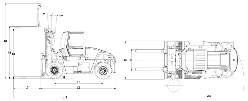 Kích thước xe nâng điện lithium 12 tấn đến 18 tấn