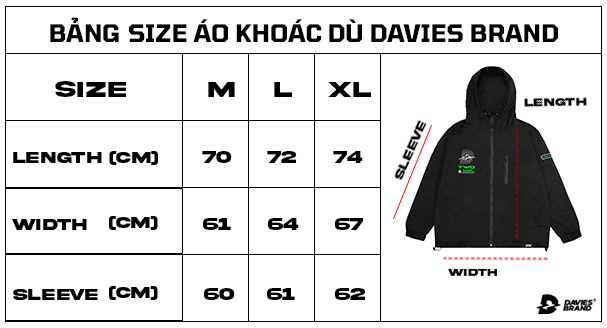 bảng size áo khoác dù local brand nam nữ local brand