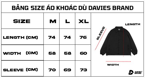 bảng size áo khoác local brand nam davies