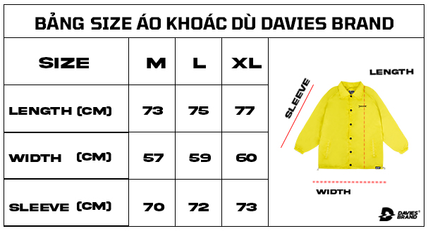 bảng size áo khoác local brand davies