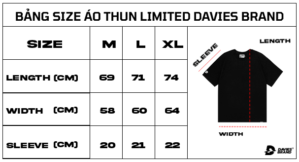 bảng size áo thun limited local brand Davies