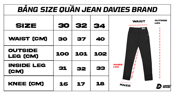 bảng size quần skinny jean trơn local brand Davies