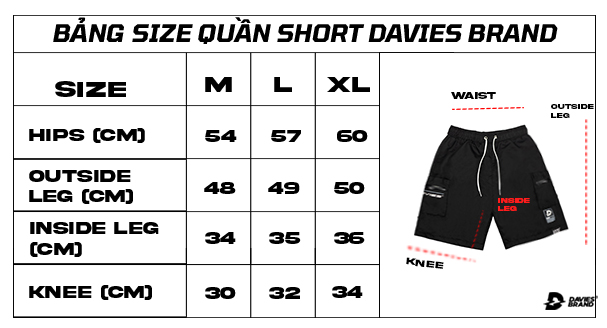 bảng size quần short nam local brand davies