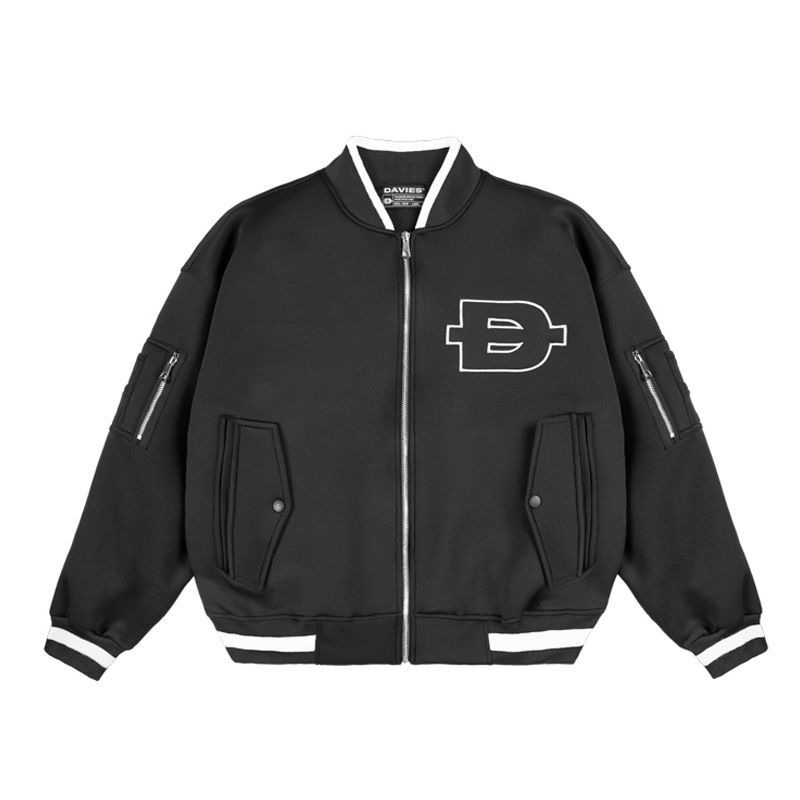 áo khoác bomber jacket thun xốp màu đen chữ thêu phối da khóa kéo kim loại