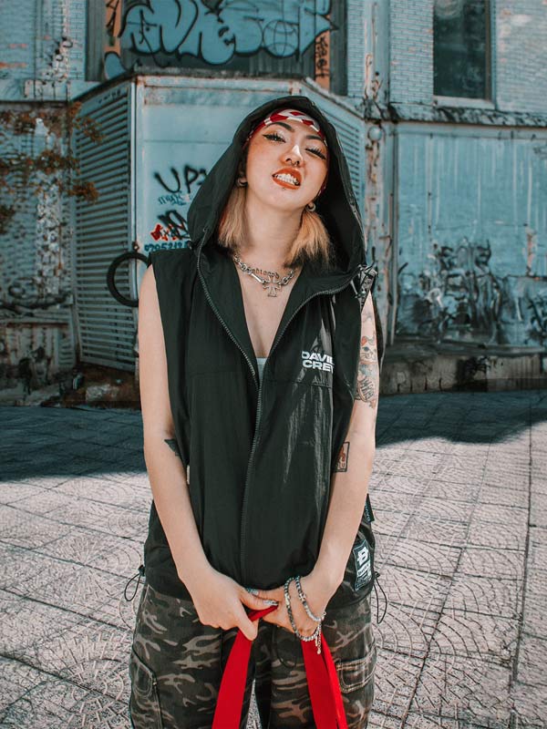 áo khoác gile nữ nam có mũ vải dù màu đen local brand