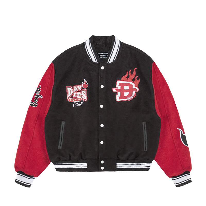 áo khoác varsity nam nữ nỉ đen tay phối đỏ hình thêu full 2 mặt bo chun nút bấm