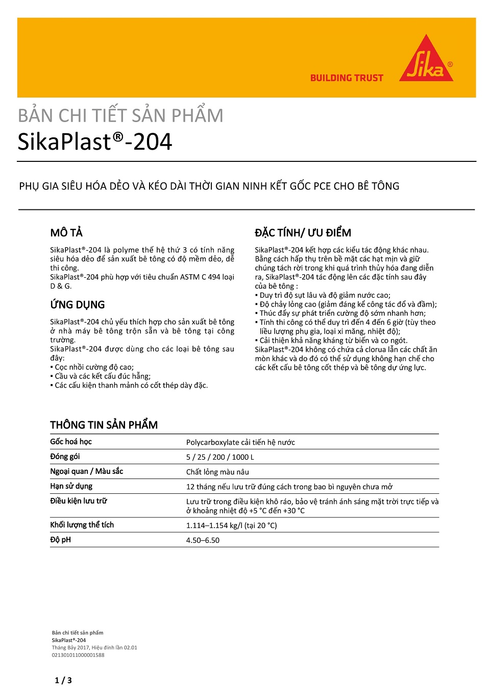 catalog SikaPlast 204, thông tin sản phẩm, thông số kỹ thuật của SikaPlast 204