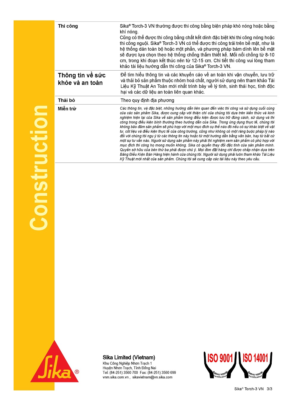 Sika Torch - 3 VN - Màng Chống Thấm Gốc APP Cải Tiến