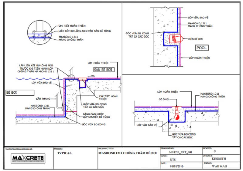 Cấu tạo lớp chống thấm bể khi dùng maxbond 1211