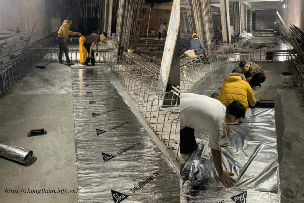 Dán màng chống thấm tự dính 2 mặt cho nền tầng hầm