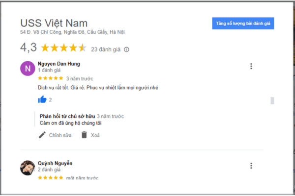Khách hàng đánh giá về USS Việt Nam trên Google Map