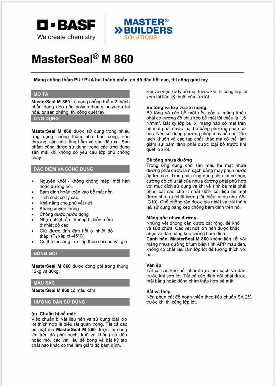 MasterSeal M860: Màng chống thấm Polyurethane/ Polyurea lai hóa