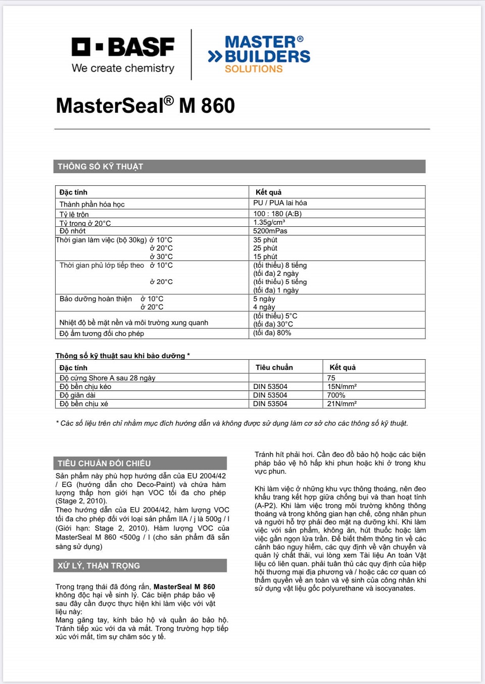 MasterSeal M860 thông số kỹ thuật