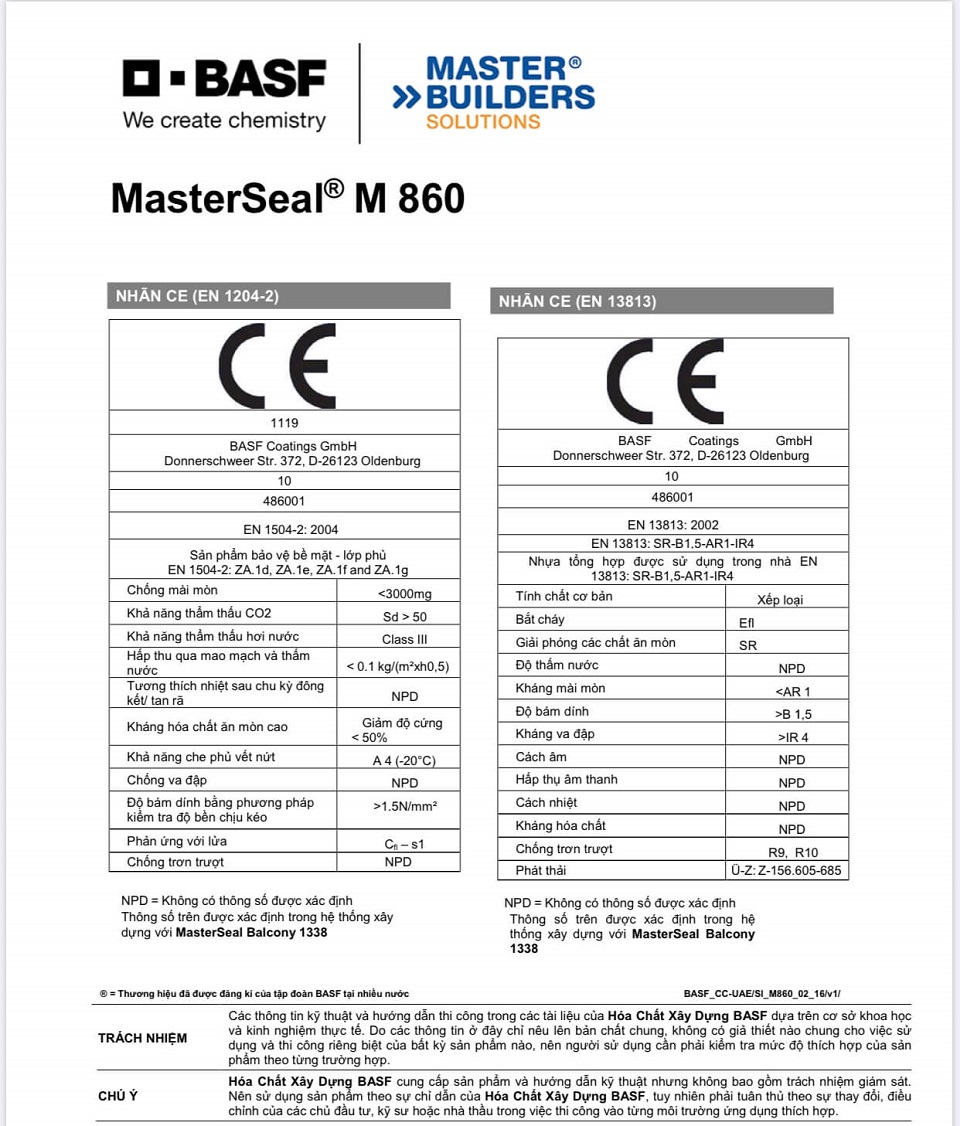 MasterSeal M860 các lưu ý