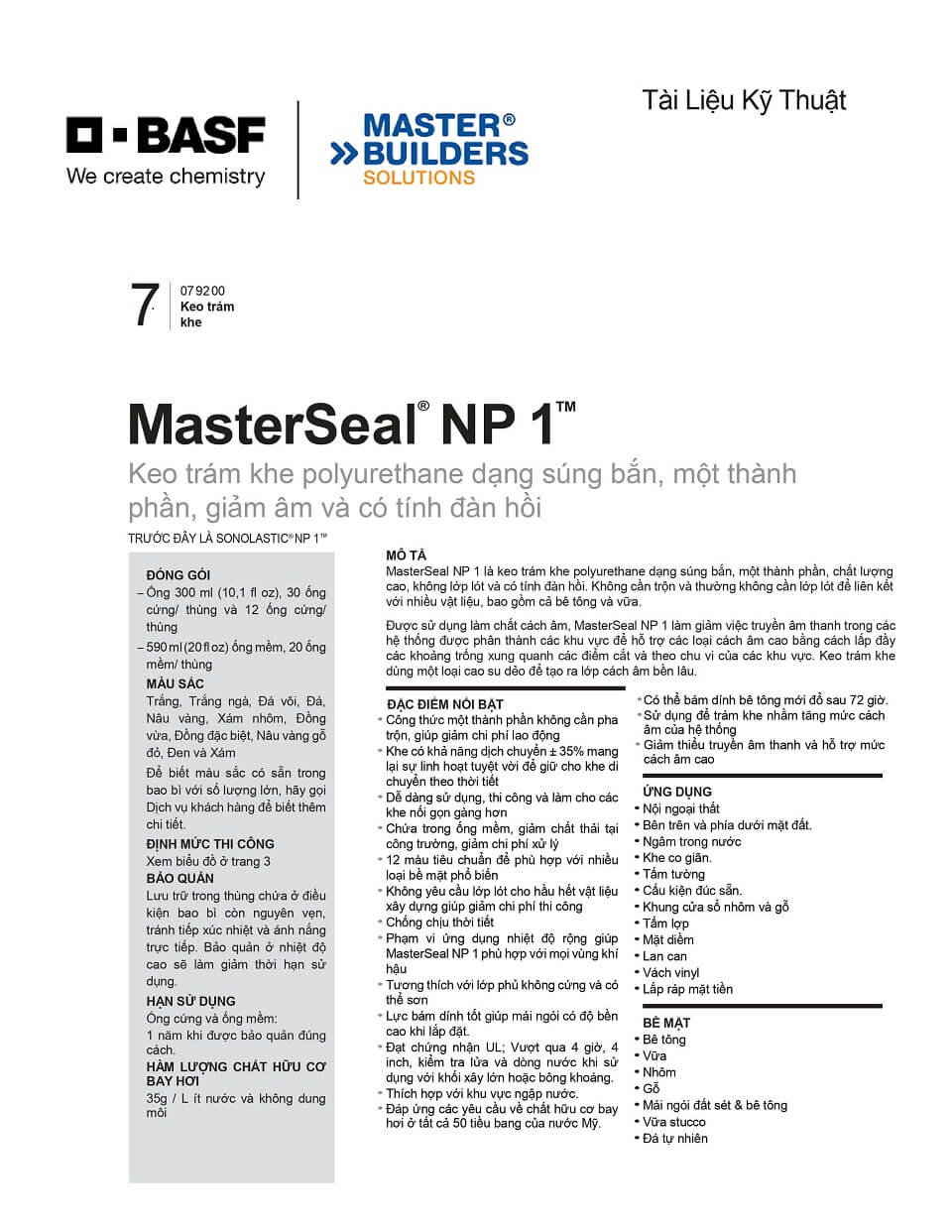 Masterseal-NP1: Keo trám khe một thành phần đa năng, nhiều mầu gốc Polyurethane