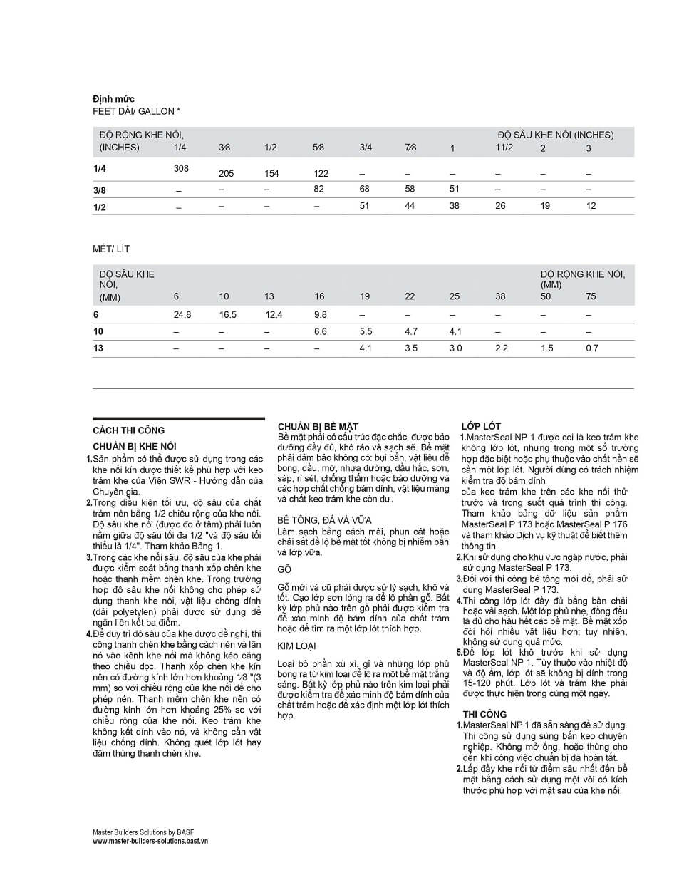 Masterseal-NP1: thống số