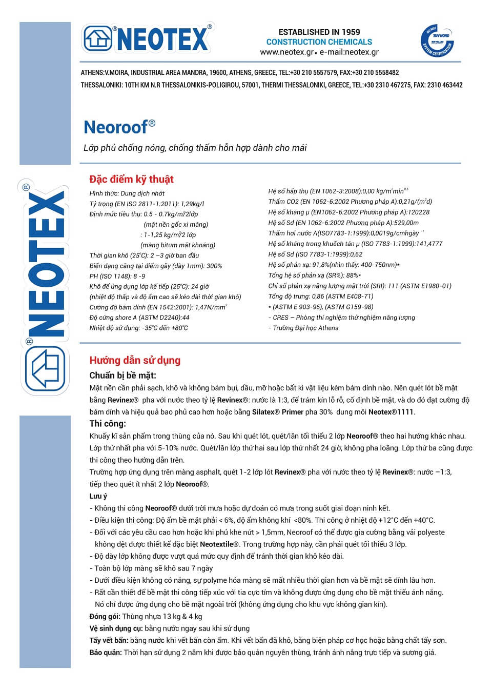 Neoroof: thông số kỹ thuật