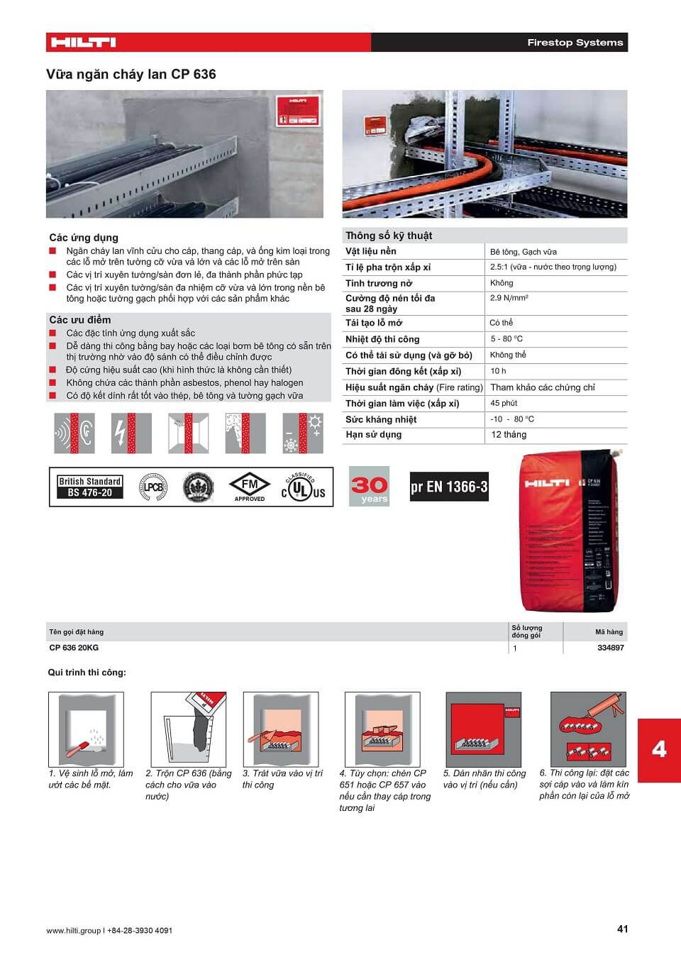 Thông số kỹ thuật Vữa ngăn cháy lan Hilti CP 636