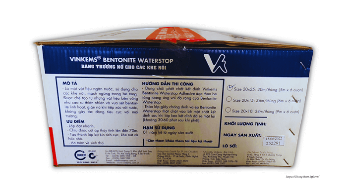 Vinkems Bentonite Waterstop (25 X 20) đóng thùng 6 cuộn/ 30m cho 1 thùng