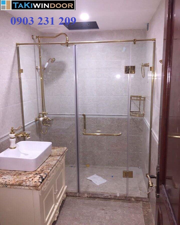 Phòng tắm kính cường lực thẳng 180 độ (3 tấm) phụ kiện inox vàng gương