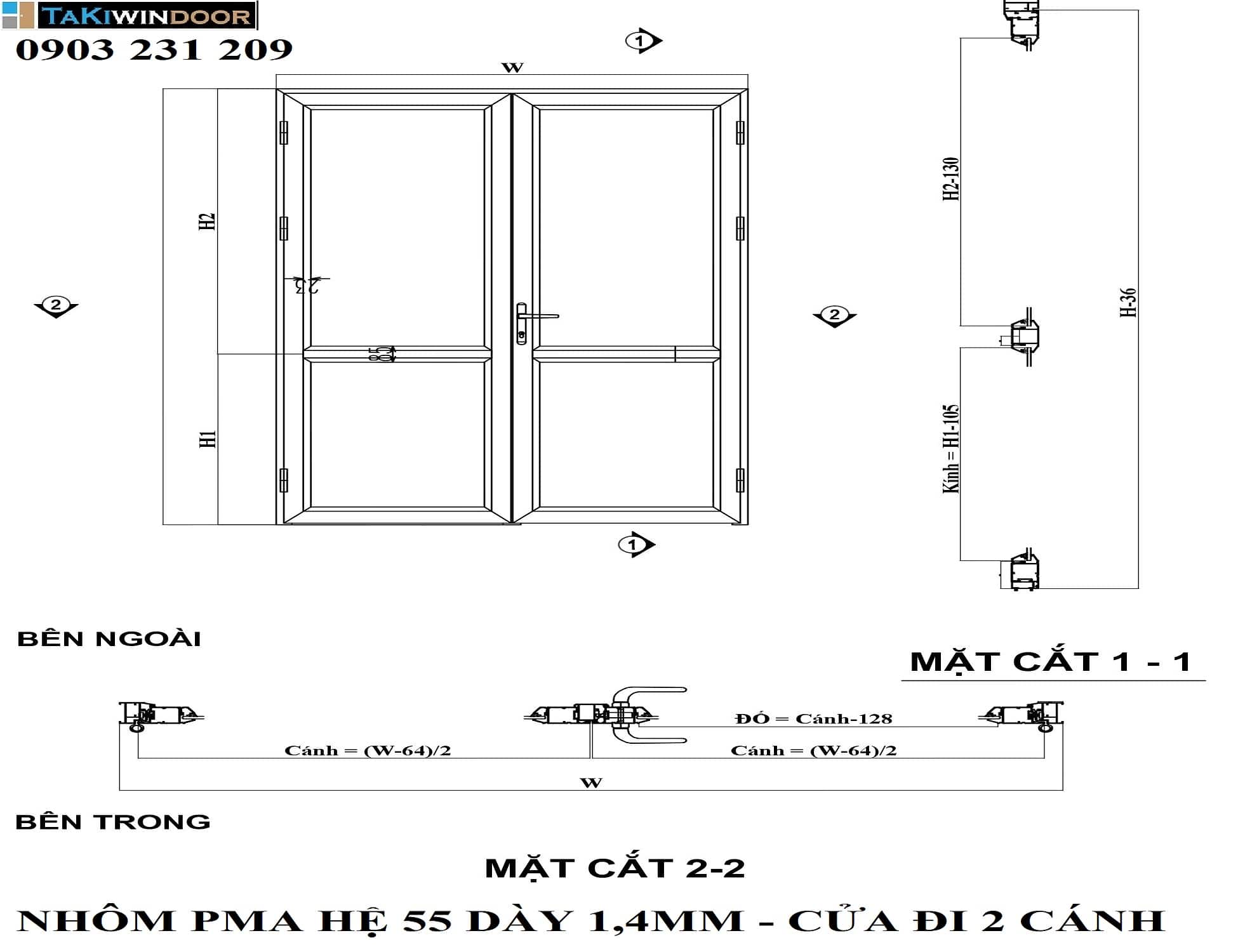 Hướng dẫn sản xuất cửa đi 2 cánh nhôm PMA