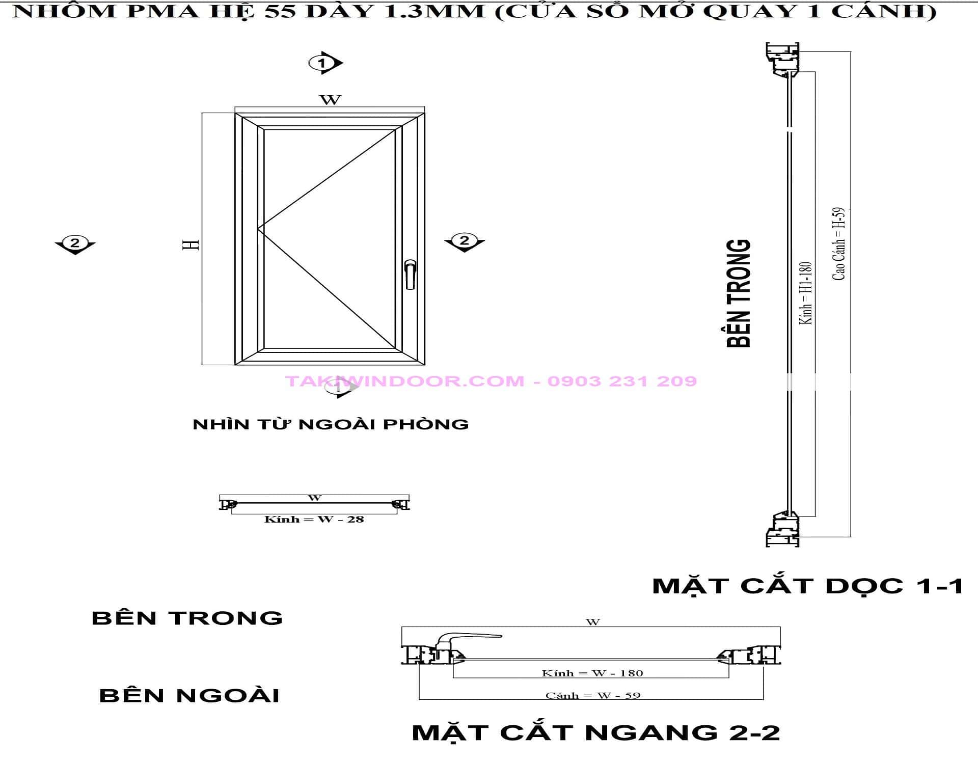 Hướng dẫn sản xuất cửa sổ mở quay 1 cánh nhôm PMA