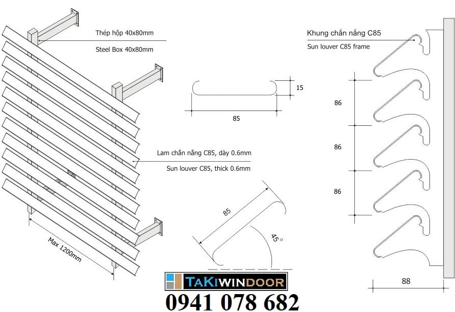 thiết kế thi công lam nhôm chắn nắng 85c giá rẻ tại hà nội