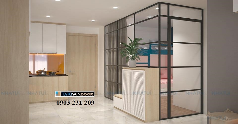 Làm vách ngăn giữa phòng khách và phòng bếp băng khung sắt kính trong gia đình