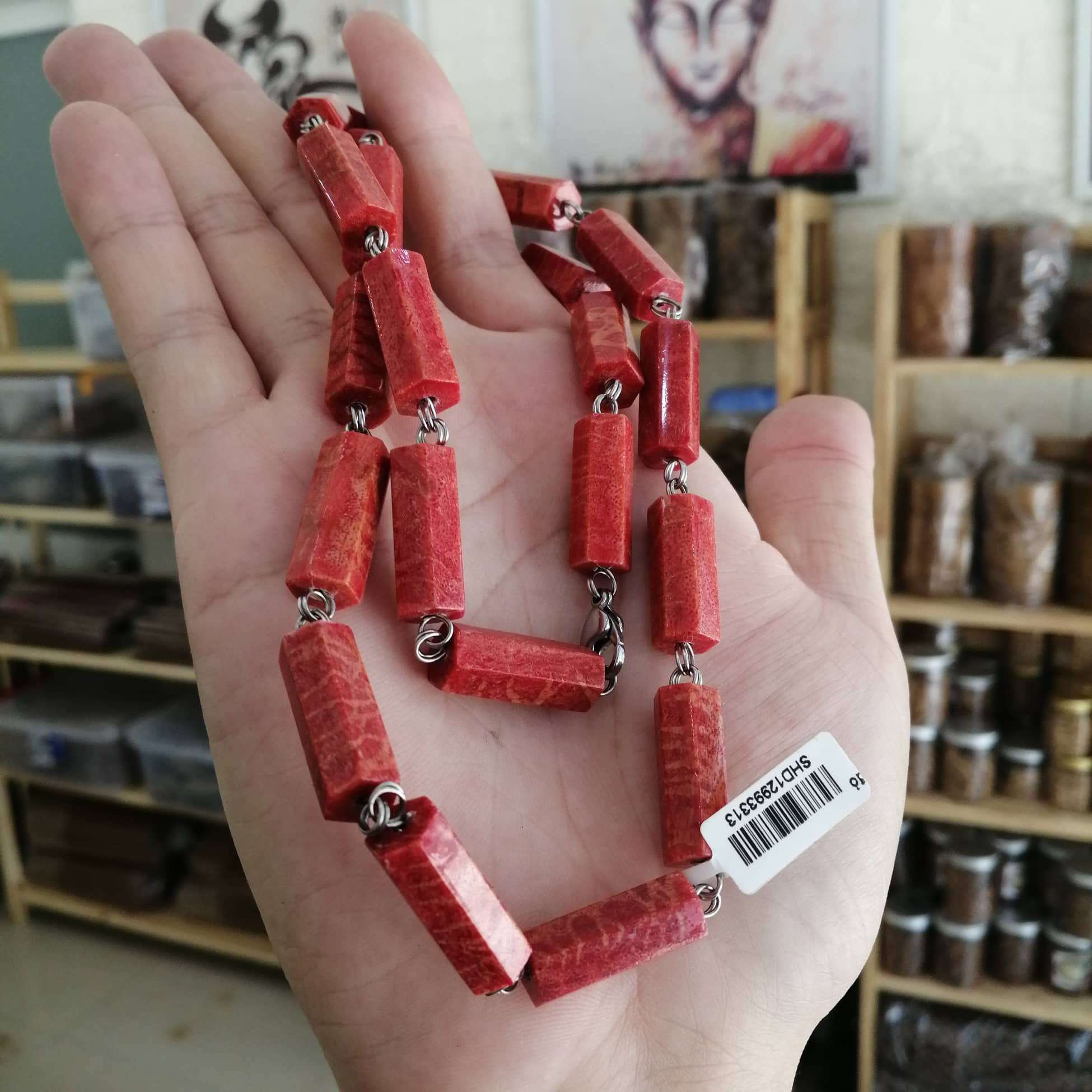 Dây Chuyền San Hô Đỏ Tự Nhiên Đốt Trúc Lục Giác 10li