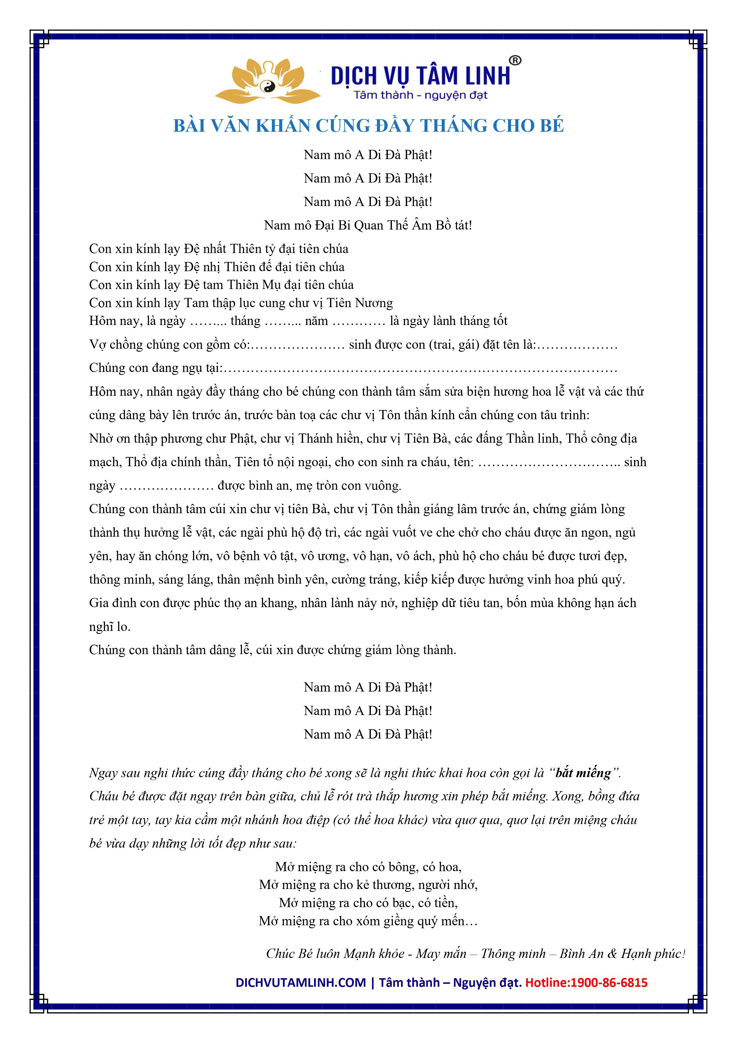 văn khấn cúng đầy tháng