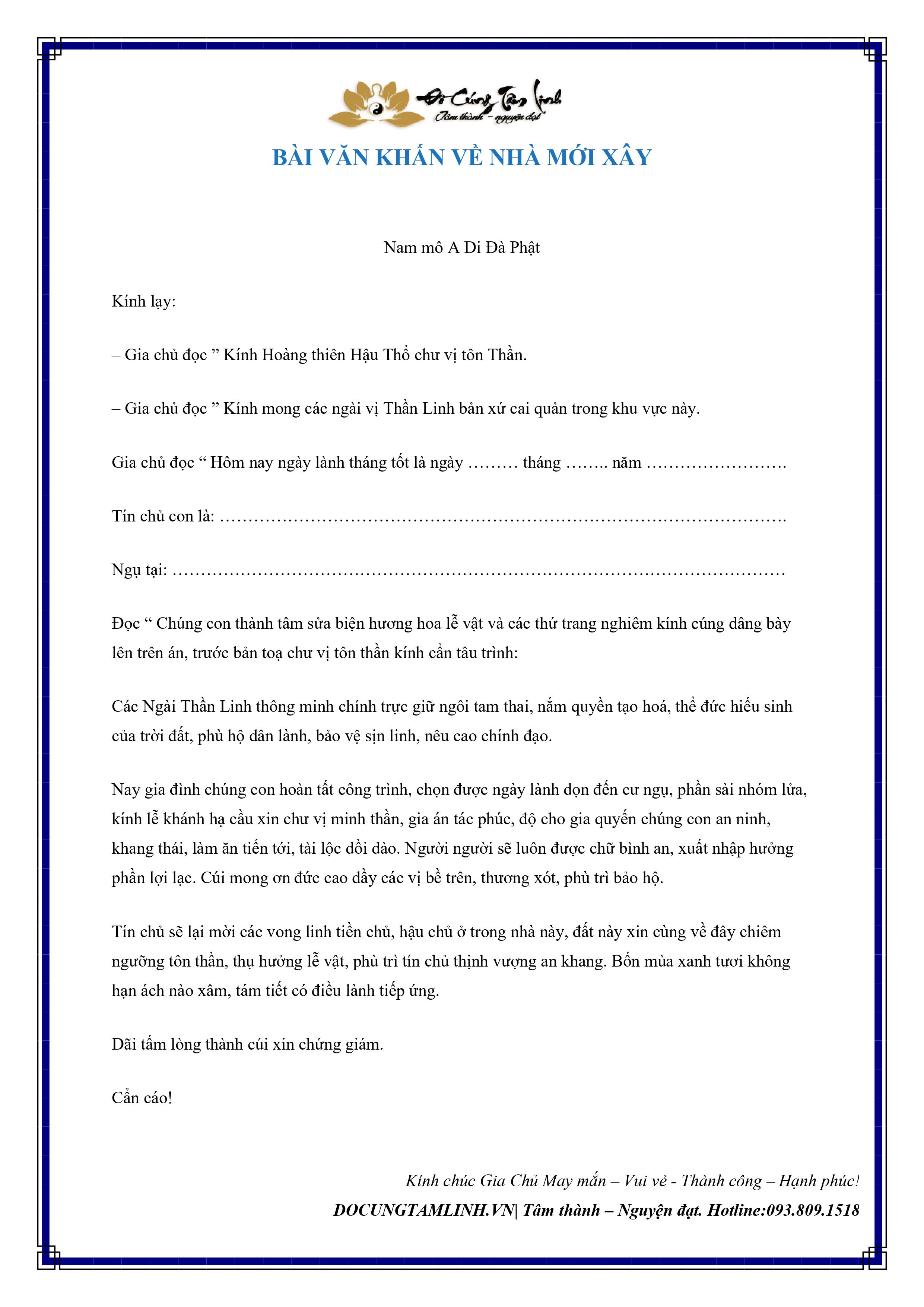 BÀI VĂN KHẤN CÚNG NHÀ MỚI XÂY